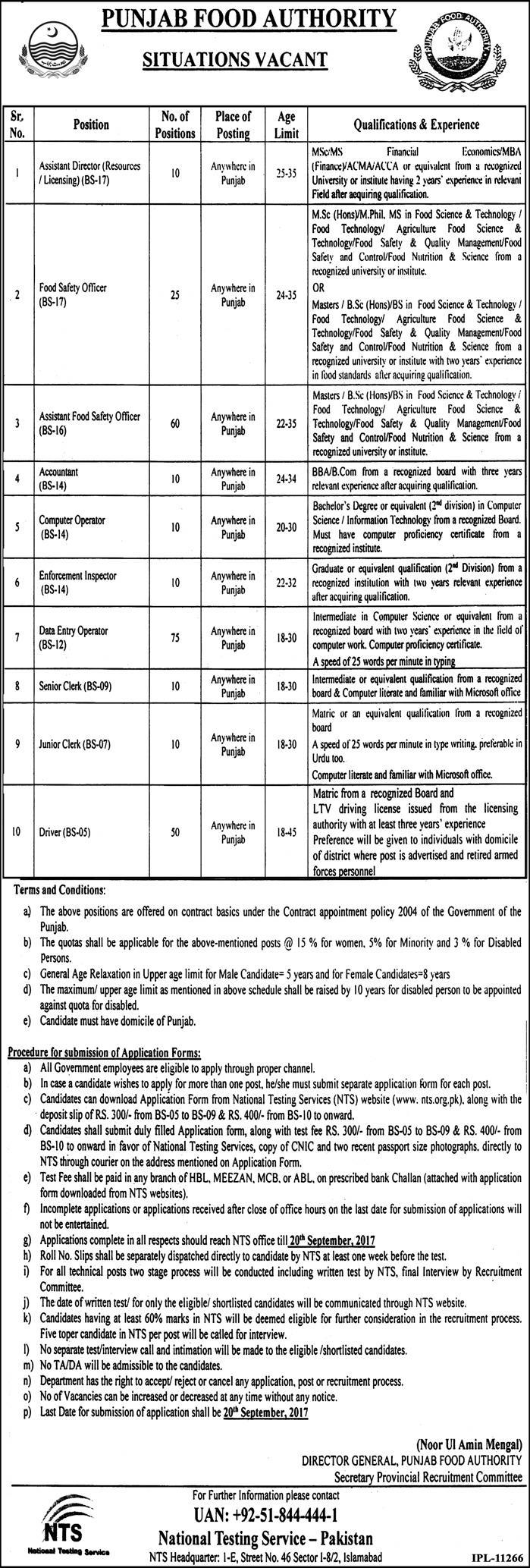 Food Safety Officers, DEO, Drivers jobs in  Punjab-Food-Authority