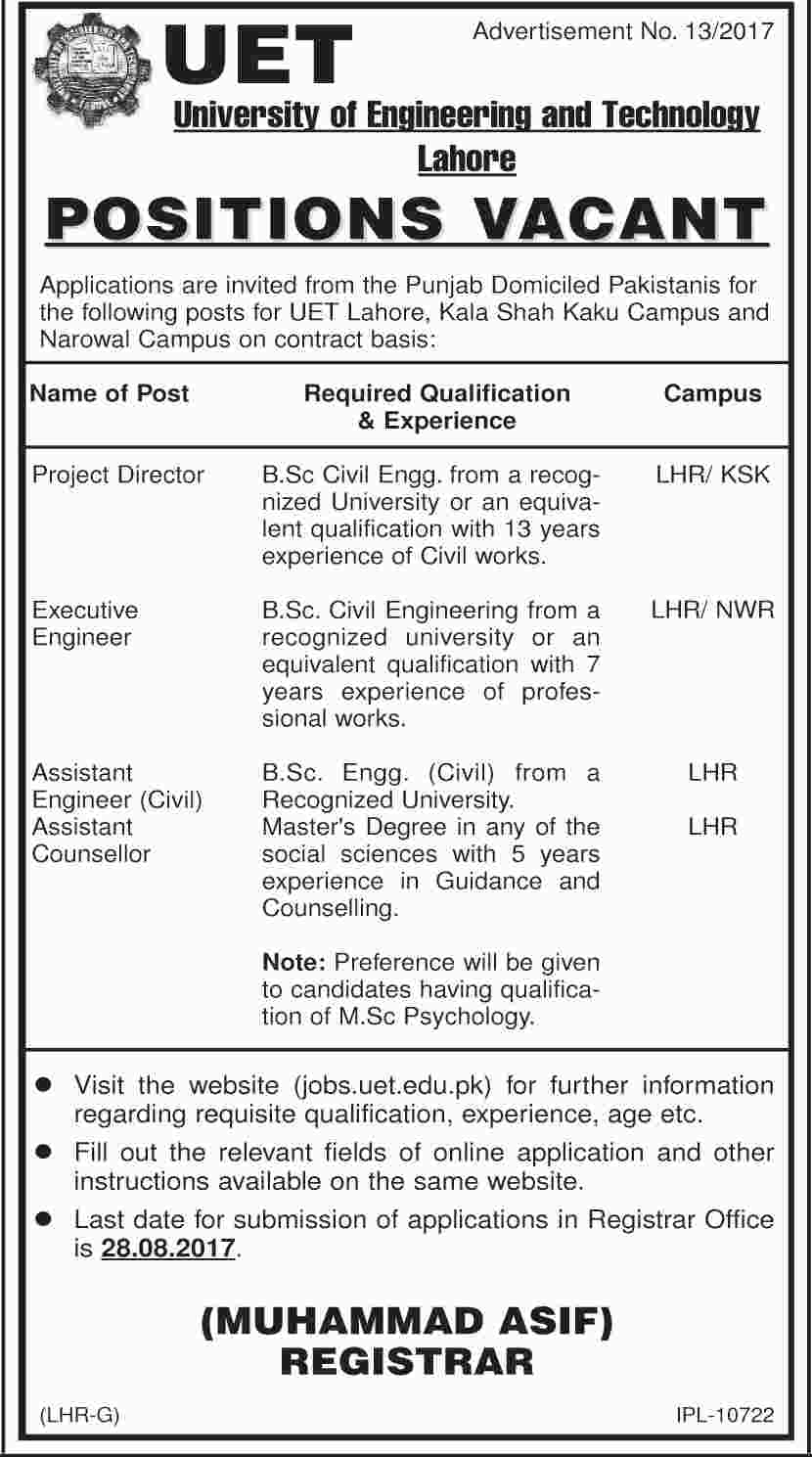 University Of Engineering And Technology Jobs 16 Aug 2017