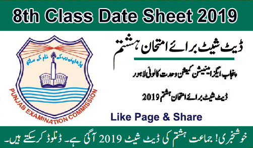 8th class Date sheet 2019